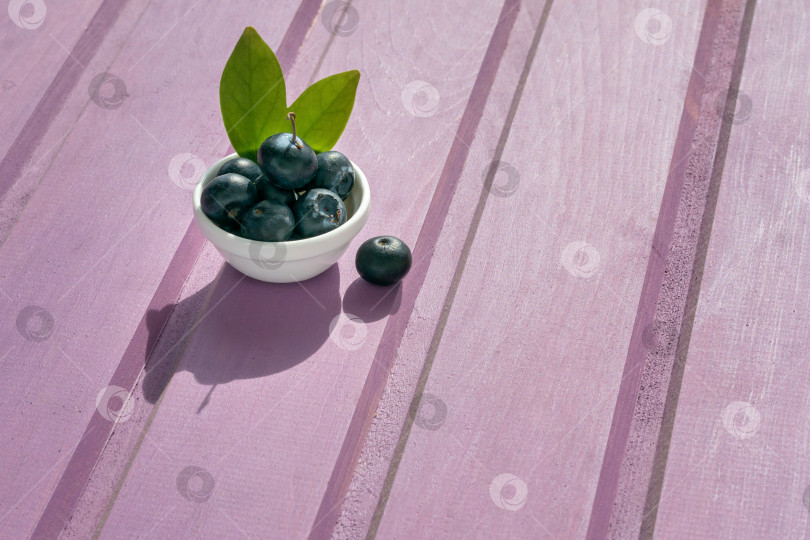Скачать на фиолетовом деревянном фоне - тарелка со свежей черникой фотосток Ozero