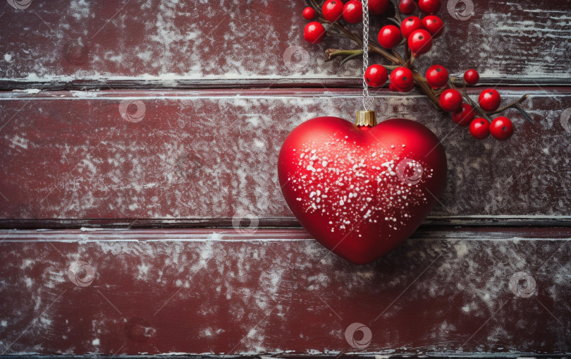 Скачать Ёлочное украшение в виде сердца и красные ягоды на фоне деревянной стены фотосток Ozero