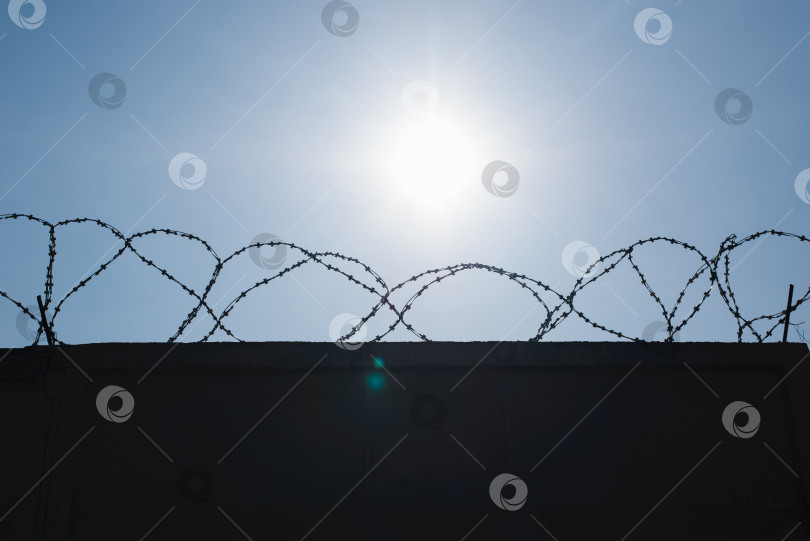 Скачать Силуэт бетонной стены с колючей проволокой на фоне ясного голубого неба. Концепция тюрьмы, зоны безопасности, границы фотосток Ozero