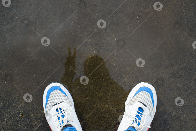 Скачать Человек в белых кроссовках стоит на мокром асфальте после дождя и делает селфи в отражении и луже. От первого лица, вид сверху фотосток Ozero
