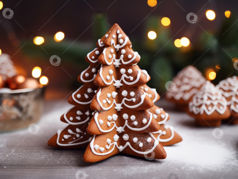 Скачать Фон из пряничной рождественской елки. Пряничное печенье, украшенное сахарной глазурью, креативное украшение в форме рождественской елки на столе поверх размытой рождественской елки. Концепция зимних каникул фотосток Ozero