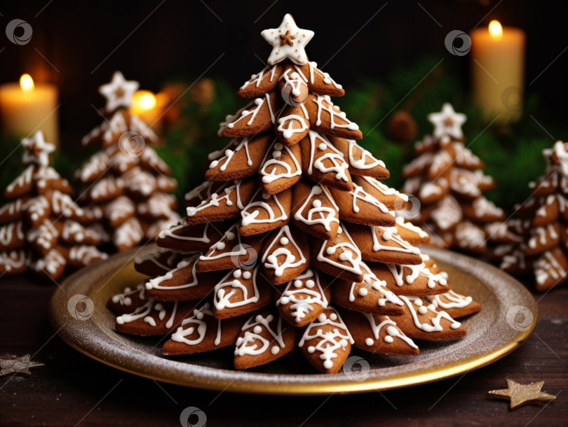 Скачать Фон из пряничной рождественской елки. Пряничное печенье, украшенное сахарной глазурью, креативное украшение в форме рождественской елки на столе поверх размытой рождественской елки. Концепция зимних каникул фотосток Ozero