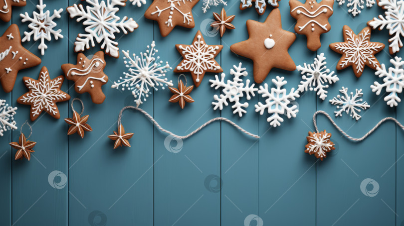 Скачать Рождественский фон с имбирным печеньем. Рождественская поздравительная открытка с имбирным печеньем, снежинками и звездами на синем деревянном фоне, вид сверху. Плоская подложка с местом для копирования рождественских поздравлений фотосток Ozero