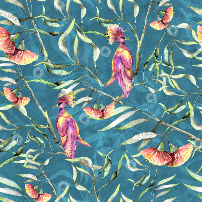 Скачать Ботанический эвкалипт с цветами и розовыми птицами. Акварельная иллюстрация с бесшовным рисунком. фотосток Ozero