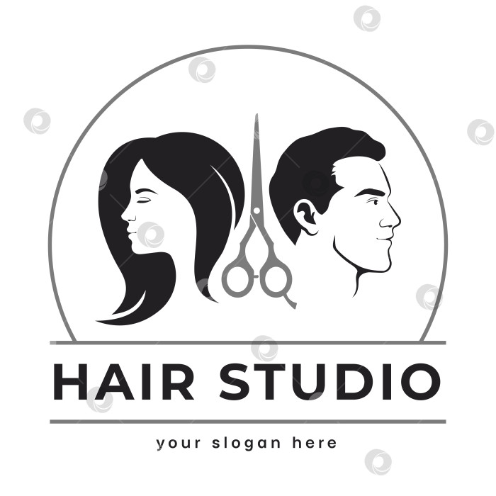 Скачать Логотип студии причесок. Силуэт профиля головы мужчины и женщины с ножницами фотосток Ozero