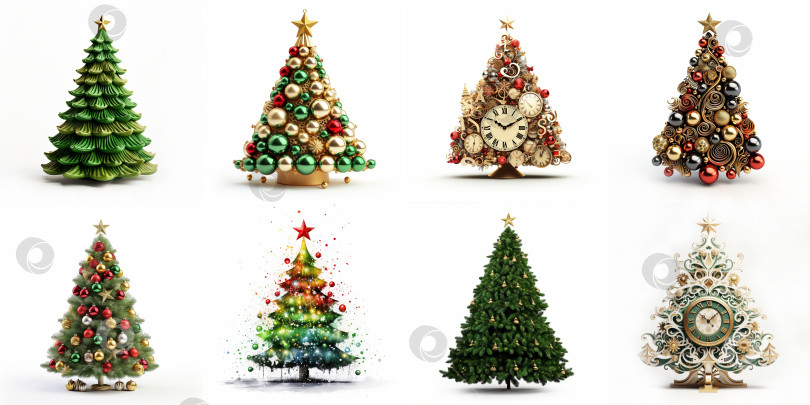 Скачать Коллекция рождественских елок, изолированных на белом фоне. Набор украшенной рождественской елки с новогодними подарками и новогодними часами, выделенными на белом фоне. Элементы дизайна зимних праздников фотосток Ozero