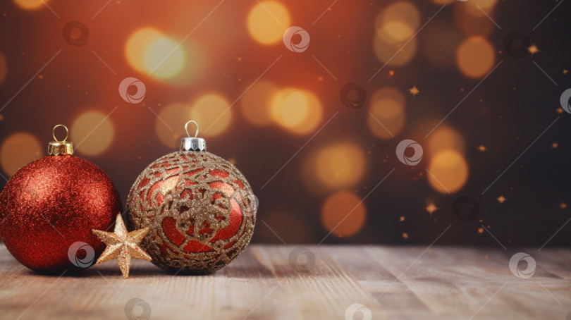 Скачать Рождественские украшения на блестящем фоне. Сверкающие новогодние красные и золотые украшения. Блестящие красно-золотые рождественские шары на фоне боке, скопируйте место для текста поздравления. Баннер зимнего праздника фотосток Ozero
