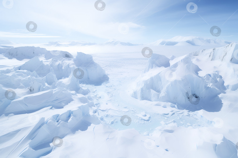 Скачать Генеративный искусственный интеллект, аэрофотосъемка белых холодных айсбергов сверху. Экологическая проблема таяния льда. вид с беспилотника над природным ландшафтом. Концепция глобального потепления фотосток Ozero