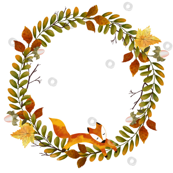 Скачать Осенний венок с осенними листьями и рыжей лисой фотосток Ozero