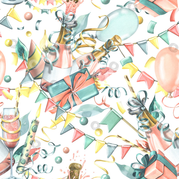 Скачать Праздничные воздушные шары, подарки, шампанское в бокалах и бутылках, конфетти и гирлянды из флагов. Акварельная иллюстрация, нарисованная от руки. Бесшовный узор на белом фоне фотосток Ozero