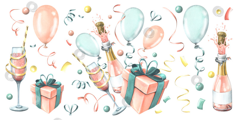 Скачать Подарочная коробка с бутылкой и бокалом шампанского, с воздушными шарами и конфетти, розовая и голубая. Акварельная иллюстрация, нарисованная от руки. Набор изолированных элементов на белом фоне. фотосток Ozero