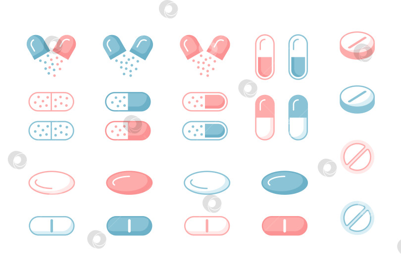 Скачать Набор таблеток драже и капсул различной формы. Набор простых современных линейных значков. фотосток Ozero