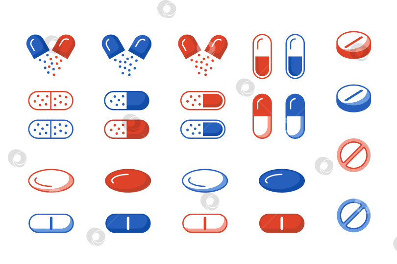 Скачать Набор таблеток драже и капсул различной формы. Набор простых современных линейных красных и синих значков. фотосток Ozero