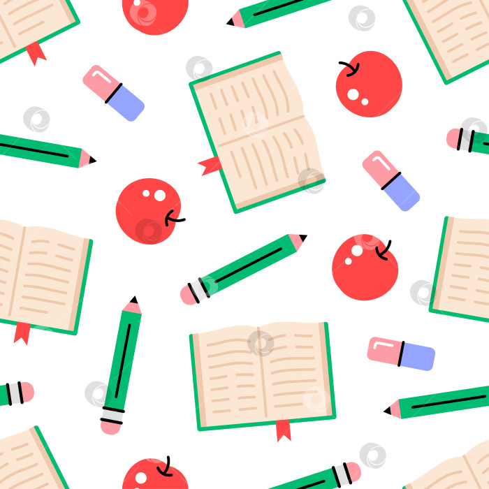 Скачать Современный бесшовный узор со школьными элементами: книгой, ручкой, ластиком и яблоком. фотосток Ozero