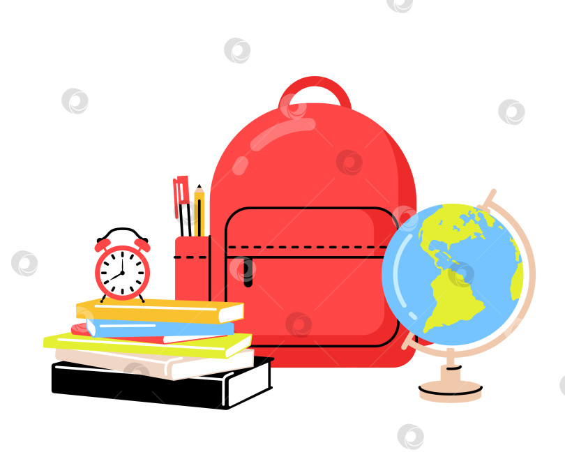 Скачать Векторная иллюстрация "Назад в школу" со школьными инструментами. Глобус, книги, рюкзак и часы фотосток Ozero