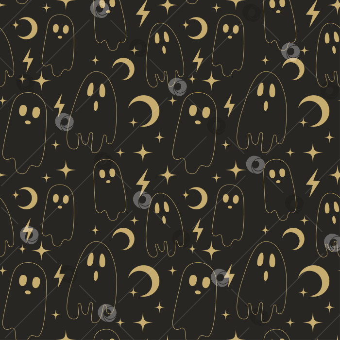 Скачать Бесшовный узор на Хэллоуин с призраками, луной, звездами. Золотые линии и заливка на черном фоне. фотосток Ozero