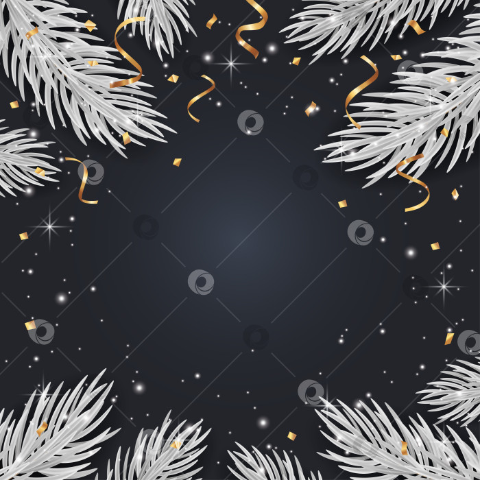 Скачать Серебристые рождественские ветки были изображены на темном фоне ели. Рождественский сияющий роскошный фон с ветками, золотым серпантином и конфетти. фотосток Ozero