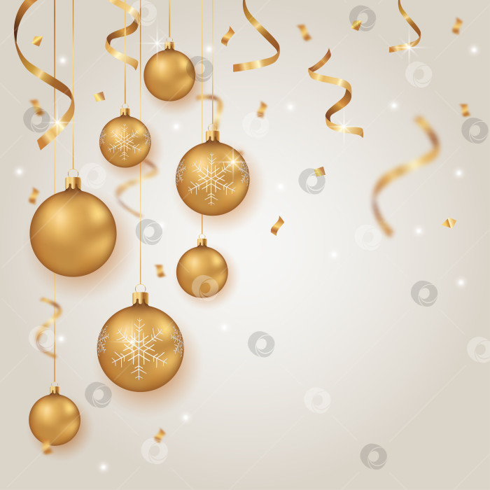 Скачать Светлый рождественский фон с золотыми шарами, серпантином и конфетти. Векторная иллюстрация фотосток Ozero
