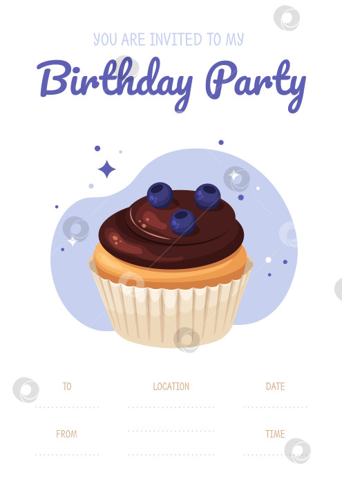 Скачать Шаблон приглашения на день рождения. Иллюстрация черничного кекса. фотосток Ozero