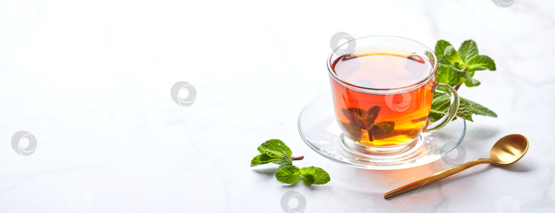 Скачать Черный чай в стеклянной прозрачной кружке с листьями мяты. Успокаивающий чай, снимающий стресс фотосток Ozero