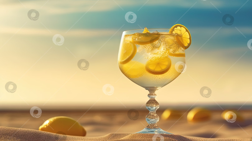 Скачать Стакан с лимонной водой на песке пляжа. Сцена отдыха со стаканом лимонада на берегу. Генеративный искусственный интеллект. фотосток Ozero