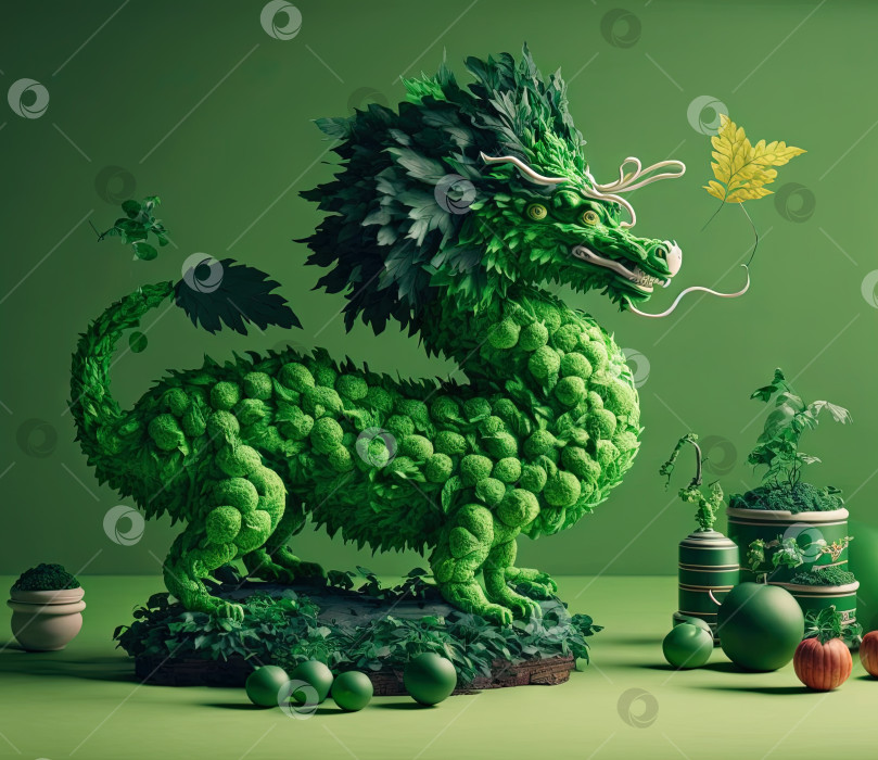 Скачать Зеленый дракон, таинственное чудовище из сказок и символ 2024 лунного года по китайскому календарю. Сгенерированный искусственный интеллект. фотосток Ozero