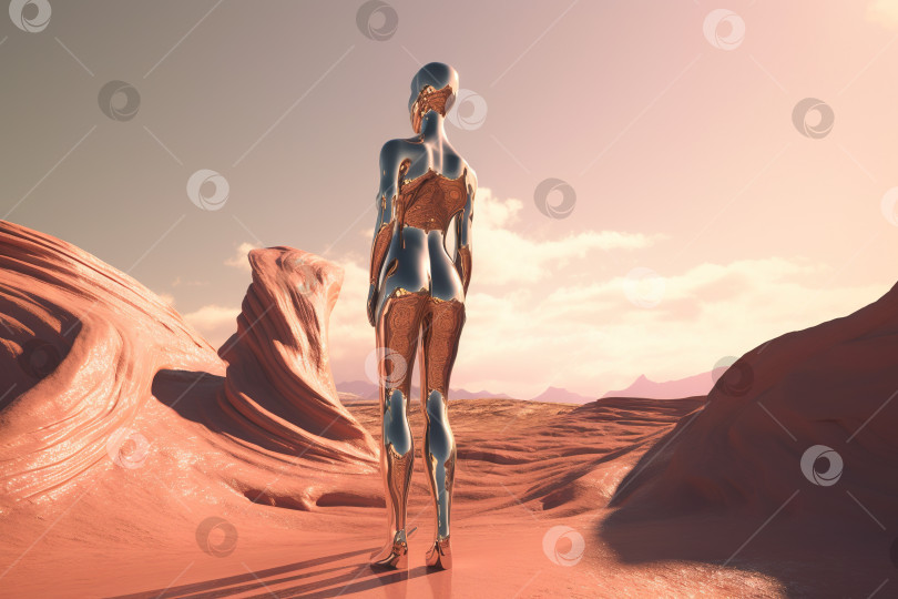 Скачать Женщина-робот Кроум, стоящая в пустыне. Искусственный интеллект растет и сияет. Механическая красота. Сгенерированный искусственный интеллект. фотосток Ozero
