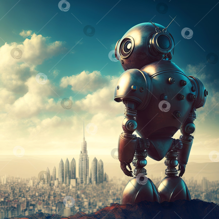 Скачать Одинокий робот смотрит на город далеко на горизонте. Ретро-футуристический робот или андроидка на утесе. Генеративный искусственный интеллект. фотосток Ozero