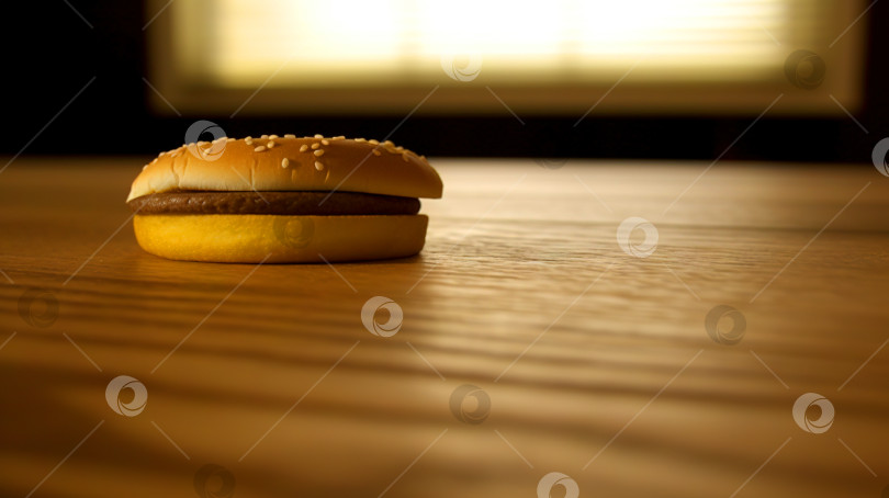 Скачать Сочный вкусный гамбургер на столе. Изображение бургера из фаст-фуда с мясом, приготовленным на гриле. Сгенерированный искусственный интеллект. фотосток Ozero