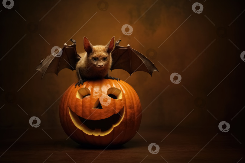 Скачать Летучая мышь-вампир с расправленными крыльями сидит на тыкве с вырезанной маской Джека Хеда для Хэллоуина на коричневом фоне с местом для текста. Порождающий искусственный интеллект фотосток Ozero