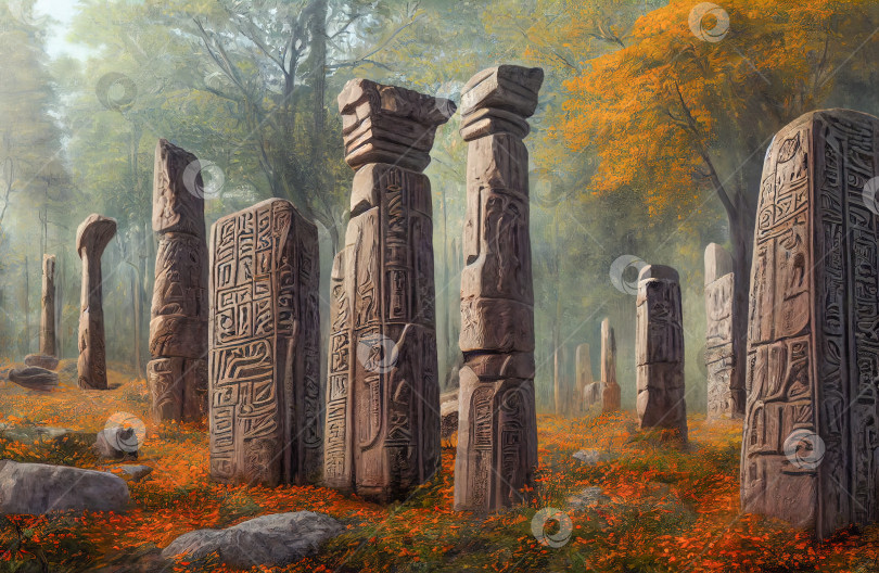 Скачать Каменные столбы древней цивилизации покрытые иероглифами. Реалистичная цифровая иллюстрация. фотосток Ozero