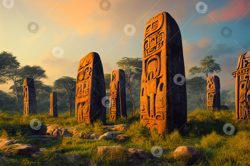 Скачать Мегалитические каменные столбы покрытые иероглифами. Реалистичная цифровая иллюстрация. фотосток Ozero
