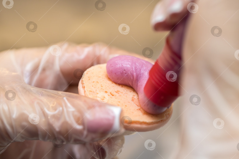 Скачать шеф-кондитер выдавливает начинку на печенье macarons. крупный план. концепция домашней пекарни. фотосток Ozero