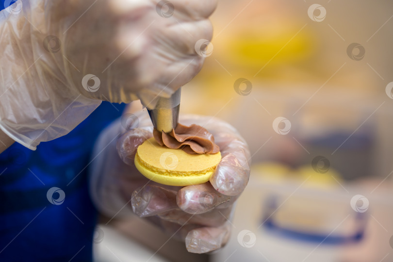 Скачать шеф-кондитер выдавливает начинку на печенье macarons. крупный план. концепция домашней пекарни. фотосток Ozero