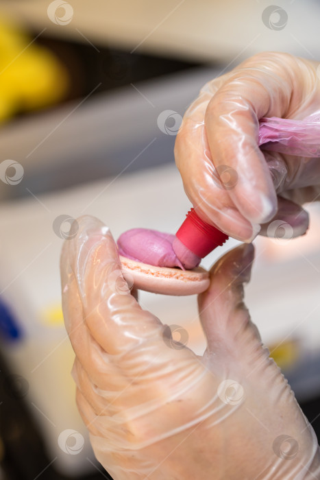 Скачать шеф-кондитер выдавливает начинку на печенье macarons. крупный план. концепция домашней пекарни. фотосток Ozero