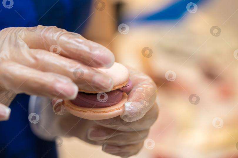 Скачать кондитер собирает половинки печенья macarons. крупный план. концепция домашней пекарни. фотосток Ozero