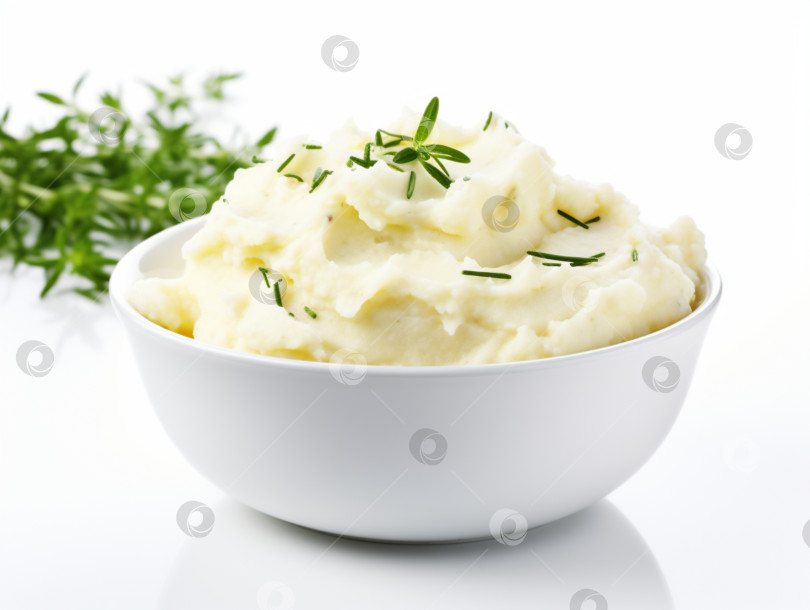Скачать Вкусное картофельное пюре со сливочным маслом и свежей зеленью на белом фоне. Крупный план картофельного пюре на белом фоне. Концепция питания на день благодарения. Пышное картофельное пюре фотосток Ozero