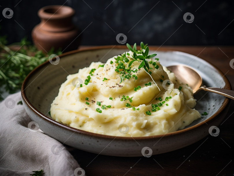 Скачать Картофельное пюре с маслом и свежей зеленью в керамической миске на деревянном столе, темный фон. Крупный план вкусного картофельного пюре. Концепция питания на день благодарения. Пышное картофельное пюре фотосток Ozero