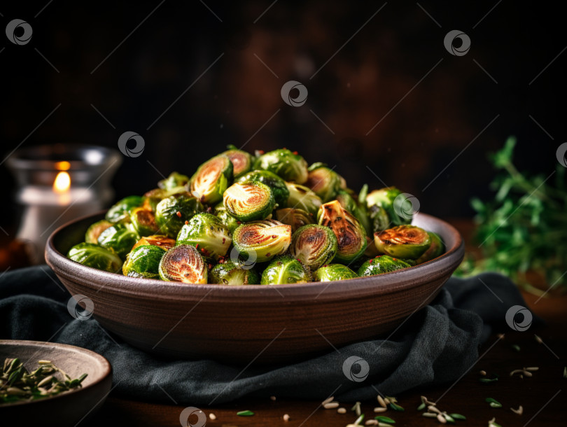 Скачать Атмосферный снимок брюссельской капусты в миске, запеченной с оливковым маслом и зеленью на темном фоне. Вегетарианская кухня. Полезный овощной гарнир. Концепция питания на день благодарения. Запеченная брюссельская капуста фотосток Ozero
