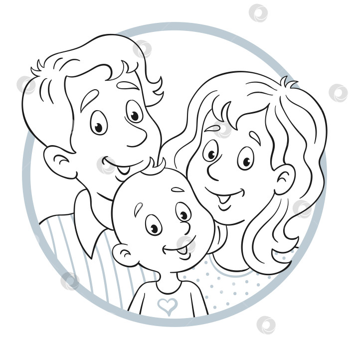 Скачать Значок аватара молодой счастливой семьи - матери, отца и маленького ребенка. Черно-белый портрет для книжки-раскраски. фотосток Ozero