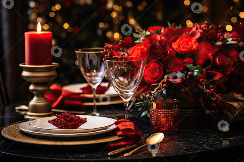 Скачать Рождественская сервировка стола с красным декором. Рождественский ужин. Генеративный искусственный интеллект. фотосток Ozero