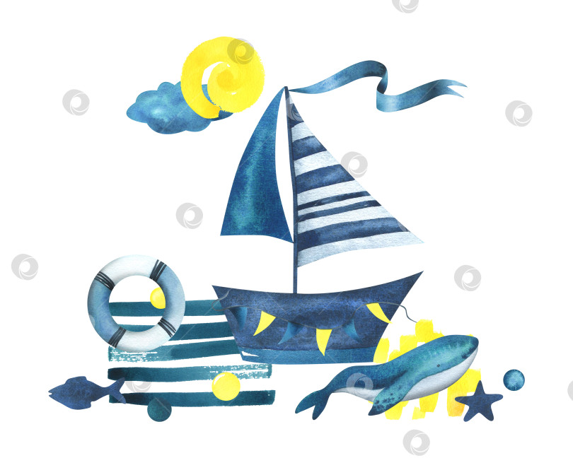 Скачать Парусная лодка в полоску плывет по морю с китом, морской пейзаж. Акварельная иллюстрация, нарисованная от руки в детском стиле. Изолированная композиция на белом фоне. фотосток Ozero
