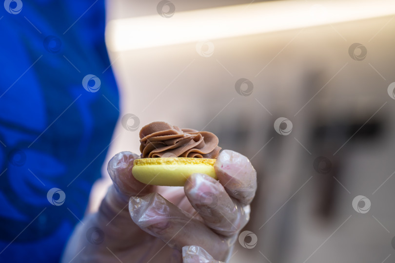 Скачать шеф-кондитер выдавливает начинку на печенье macarons. крупный план. концепция домашней пекарни. фотосток Ozero