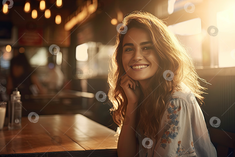 Скачать Привлекательная счастливая молодая женщина с улыбкой, любит путешествовать, сидит в кафе. фотосток Ozero