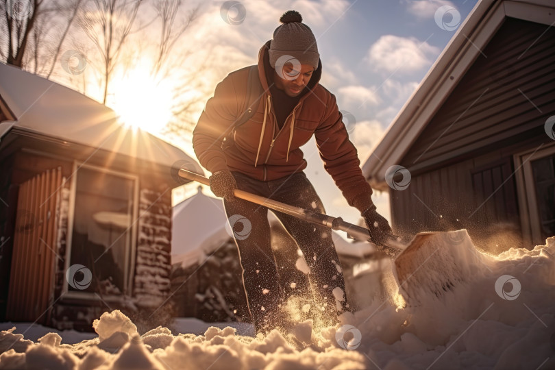 Скачать Уборка снега. Мужчина расчищает снег лопатой после снегопада. Генеративный искусственный интеллект. фотосток Ozero