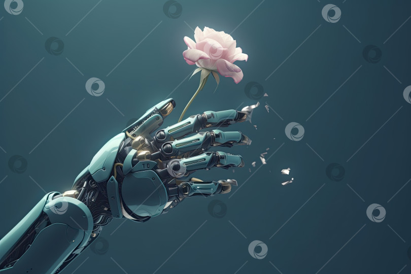 Скачать Роботизированная рука, держащая распускающийся цветок. Закрыть. Генеративный искусственный интеллект. фотосток Ozero