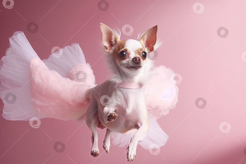 Скачать Милый щенок чихуахуа прыгает в розовой комнате. Крошечная собачка, парящая в легкой вуали и тюле. Сгенерированный искусственный интеллект. фотосток Ozero