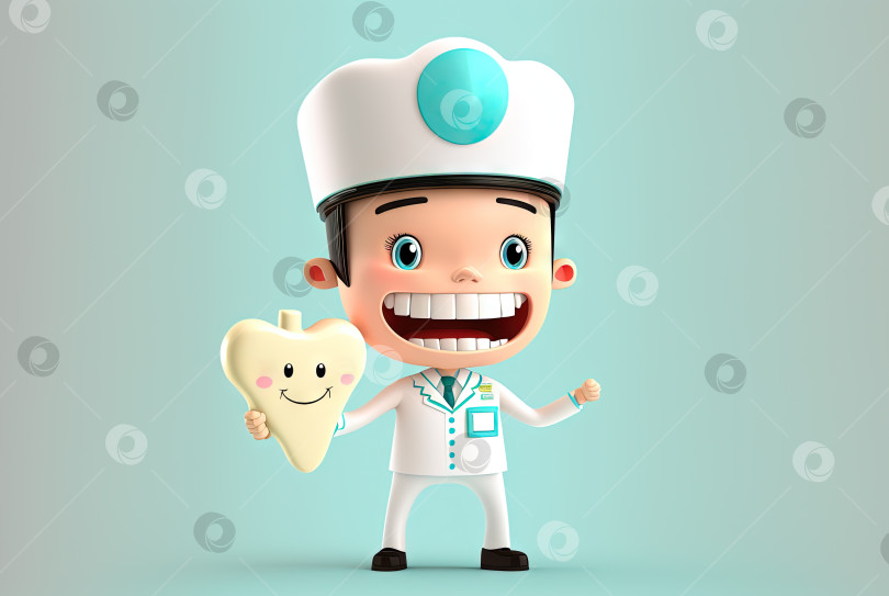 Скачать Забавный дантист с зубом. Счастливый доктор улыбается во все свои зубы. Сгенерированный искусственный интеллект. фотосток Ozero