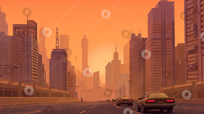 Скачать Панорама города с шоссе и оранжевым небом. Городской пейзаж с автомобилями и архитектурой на фоне красного туманного неба. Сгенерированный искусственный интеллект фотосток Ozero