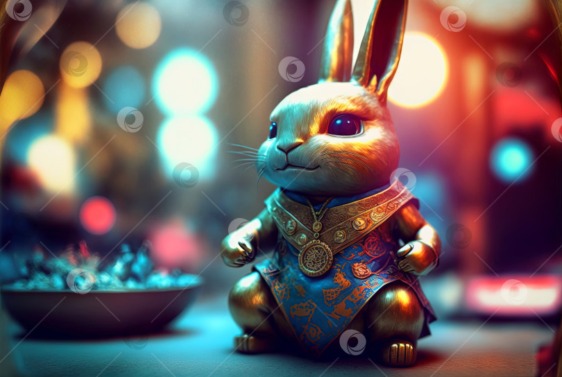 Скачать Золотая мини-фигурка кролика-самурая. Фигурка медитирующего зайца в кимоно в японском стиле. Сгенерированный искусственный интеллект. фотосток Ozero